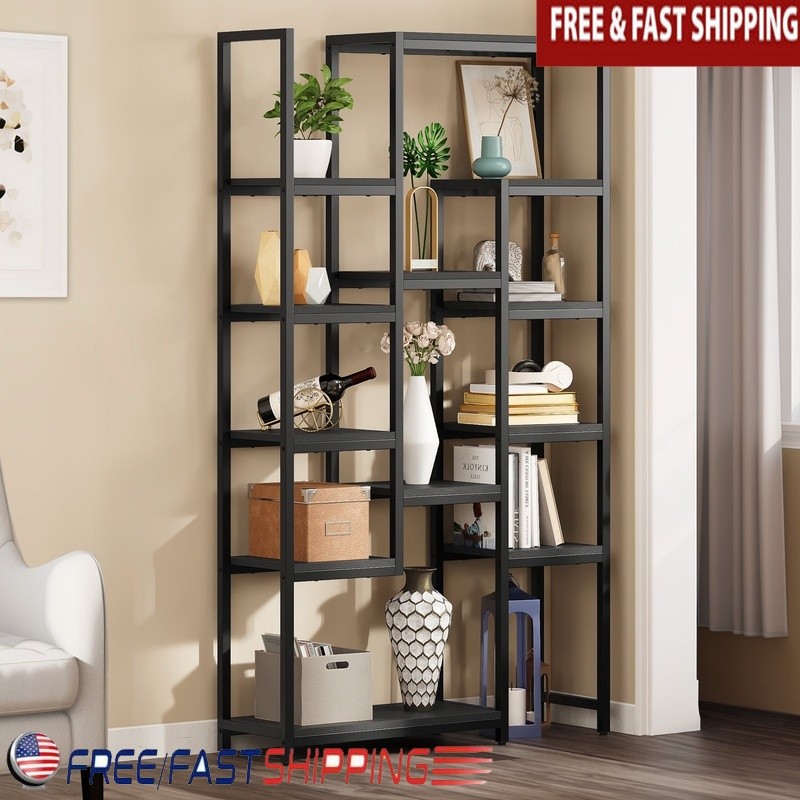 6-Tier Metal Wood Bookshelf Open Storage Rack Home Office Display Stand New