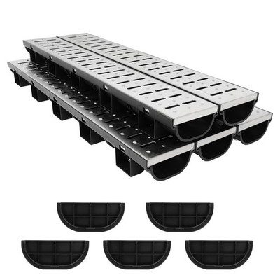 5 Pack Trench Drain System, HDPE Channel Drainage 304 Stainless Steel Metal Gate