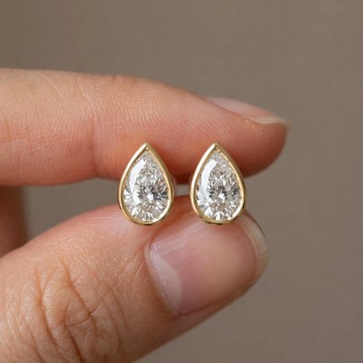 2Ct Pear Cut Lab Created Diamond Bezel Set Stud Earrings 14K Yellow Gold Plated