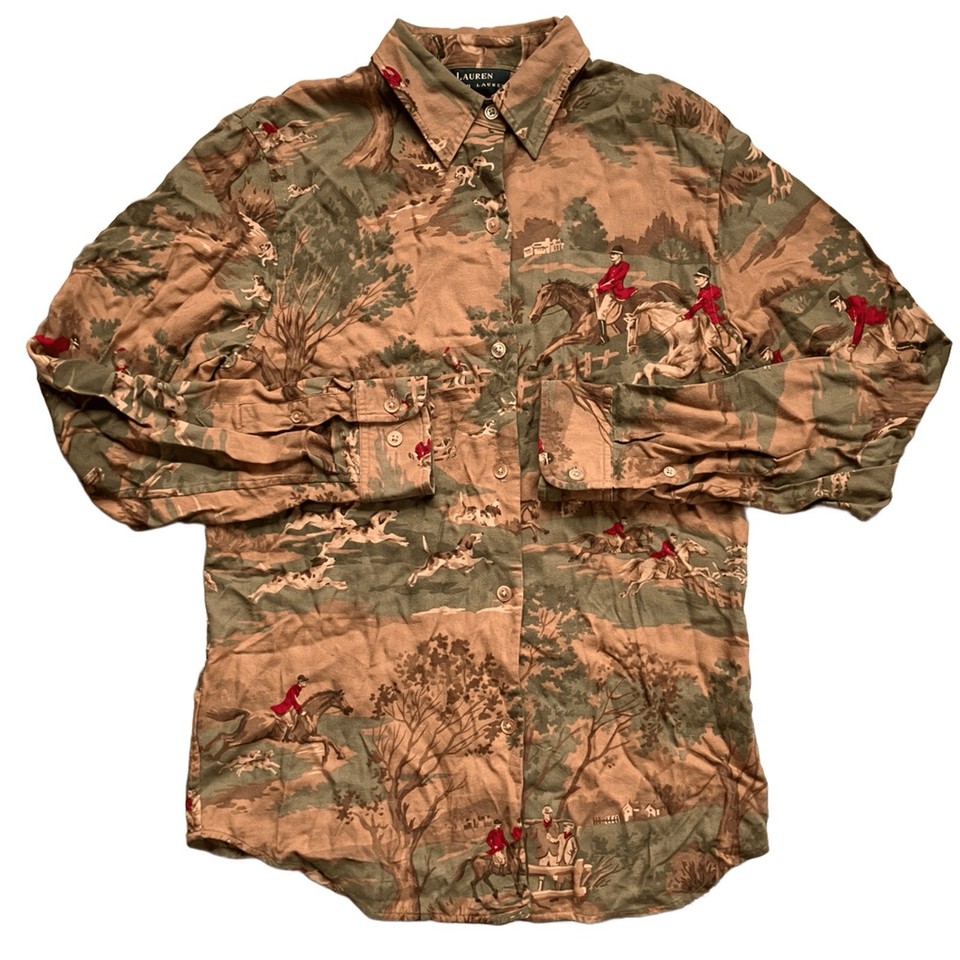 A rayon Ralph Lauren equestrian novelty print shirt — the kind of coveted vintage RL piece thrift-flippers and preppy dressers both go wild for.