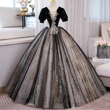 Blackless Short Sleeve Quinceanera Dress Elegant V-neck Lace Sequin Party Dress