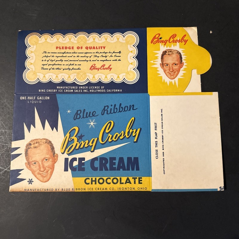 Bing Crosby Rare 1/2 Gallon Ice Cream Box.  Never Used. 1950s.
