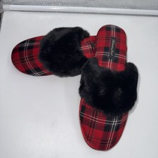 Victoria's Secret Red Plaid Satin Black Fur Slippers Size Small