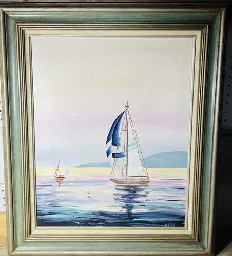 Vintage Original Oil Painting On Canvas Sailboats Wooden Frame 21 3/4” X 26” - Picture 1 of 13