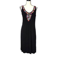 Tribal Black Embellished Bib Neckline Sheath Dress Size Large Boho Resort