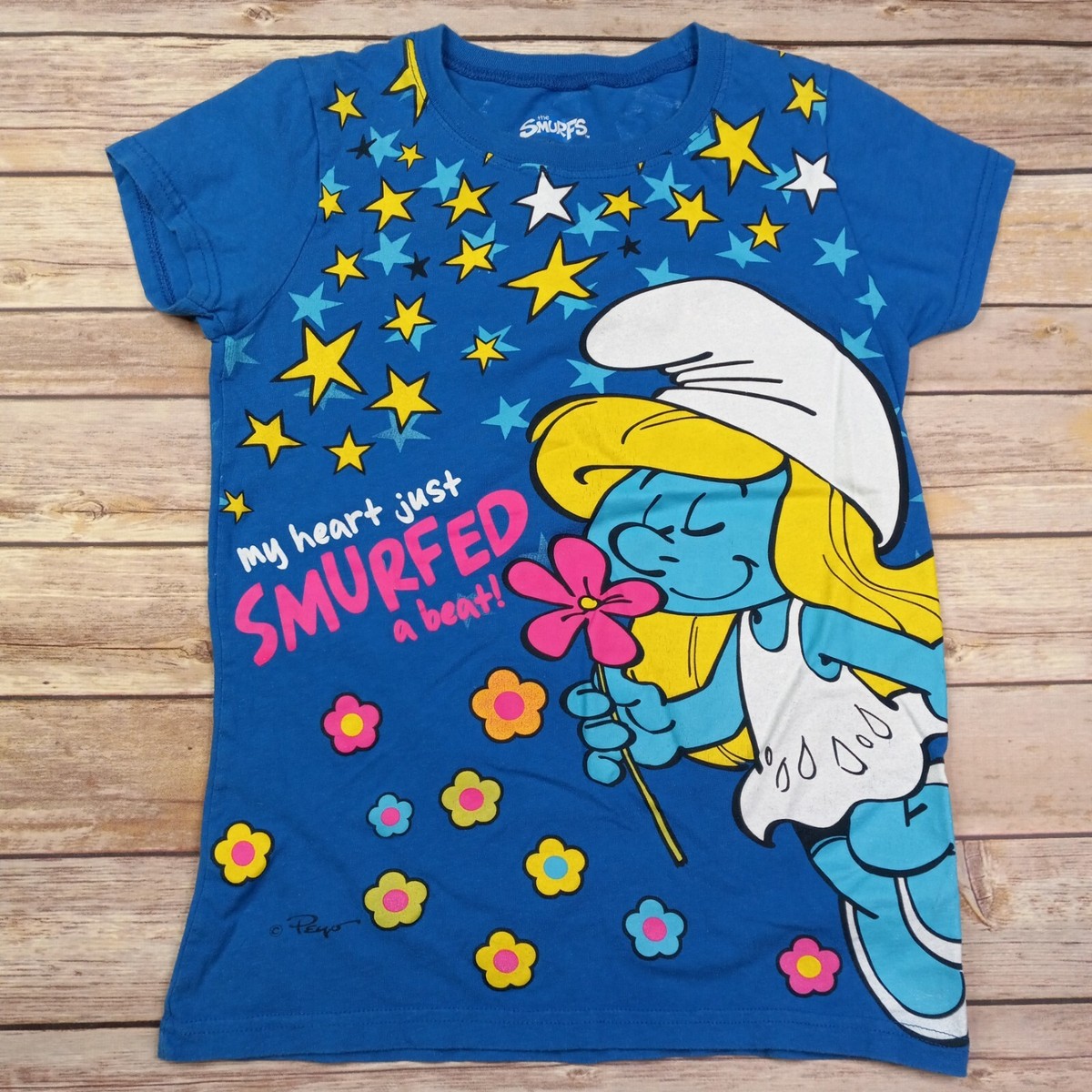 Smurfs Smurfette Blue Shirt Size L 10/12 Heart Smurfed a Beat | eBay
