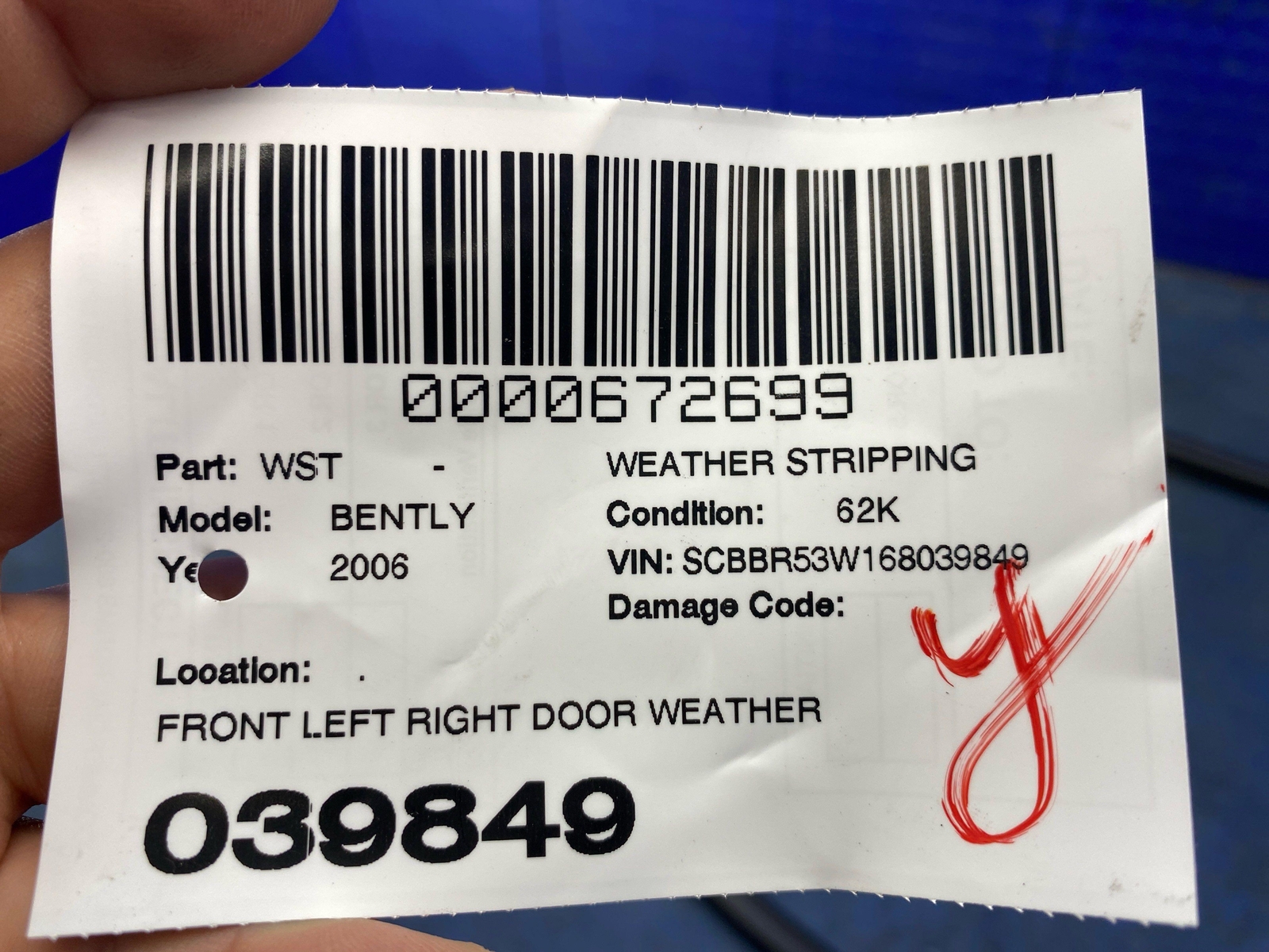 2006-2012 BENTLEY CONTINENTAL FLYING SPUR FRONT LH RH DOOR WEATHER STRIP SEAL