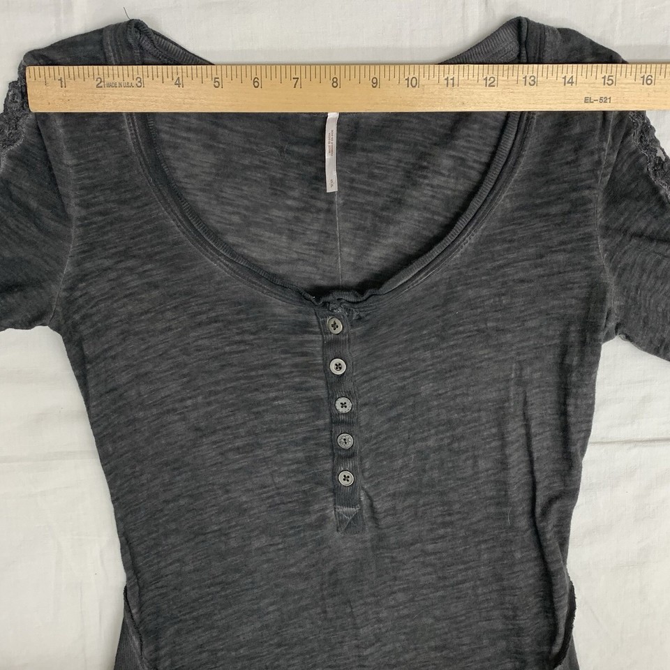 Free People Henley Tee Shirt Size Small Gray Long Sleeve Crochet Lace