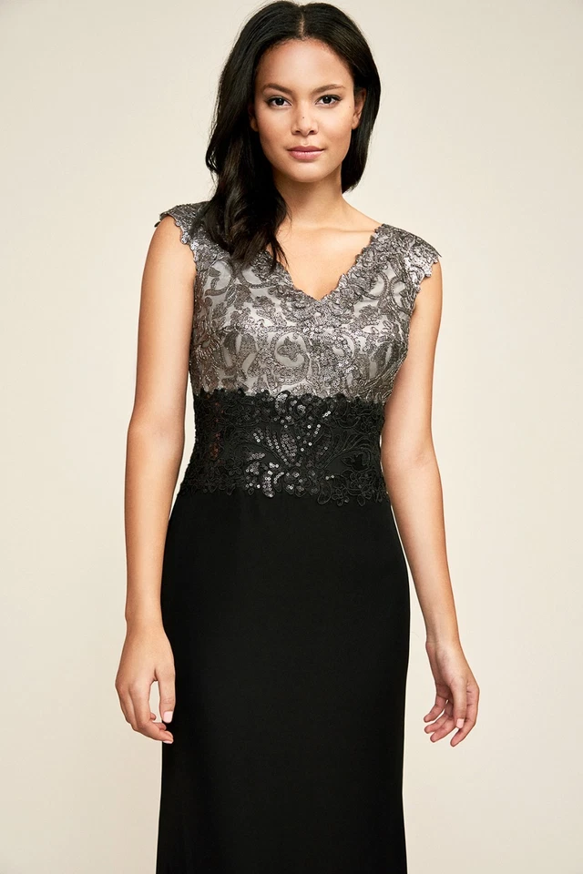 TADASHI SHOJI темно жемчуг серый черный блестки кружева лиф двухцветный Rema макси платье 6 - Изображение 3 из 4