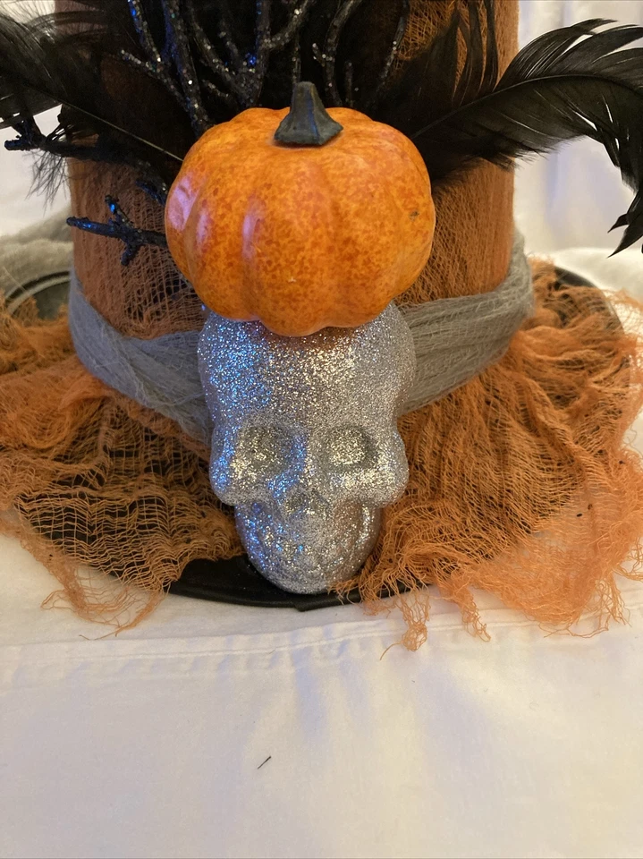 Halloween Black Feather Voodoo Felt Top Hat W/Skull &Pumpkin Gray Mesh Rim Tail - Image 3 of 4