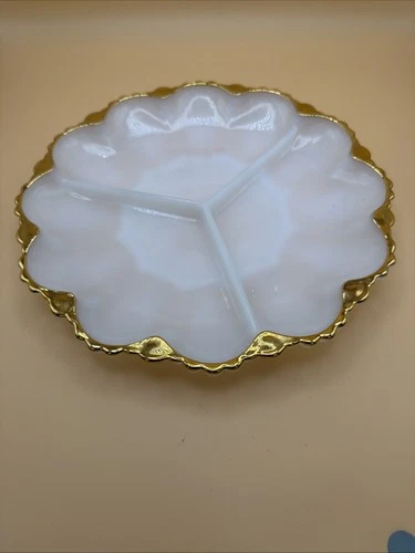 Vintage Milk Glass White 3 section Tray Plate Dish With Gold Trim 10" diameter