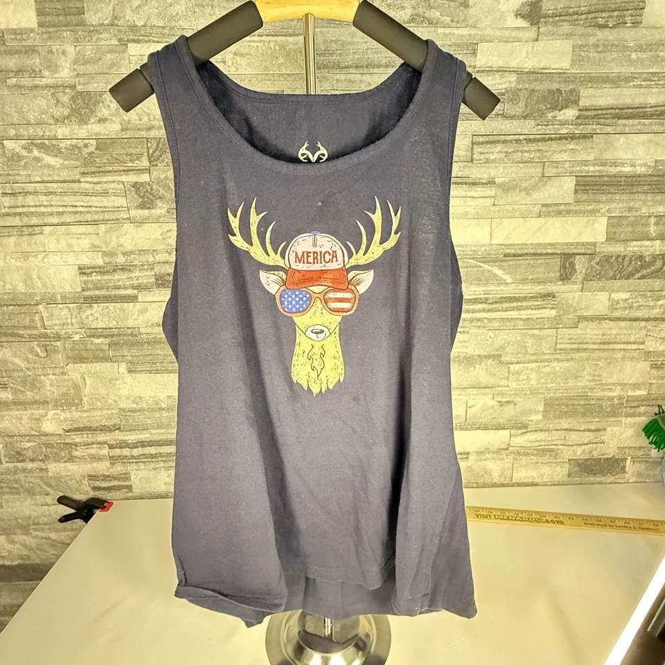 Realtree Staghorn Tank Top XL Patriotic Deer Antlers USA Flag Sunglasses ’Merica - Image 2 of 4