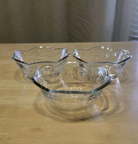 Vintage Anchor Hocking Savannah Clear Glass Cereal Bowl, Floral Pattern Set Of 3