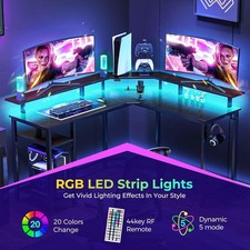 L Shaped Gaming Desk with LED Lights  Power Outlets, 46.2" Computer Desk with F