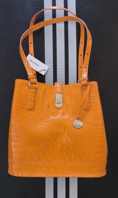 Brahmin Mango Orange Crocodile Silver Turn-Key Clasp Large Tote