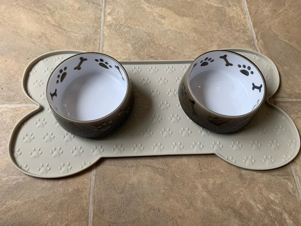 Brown Beige Cream Dog Water Food Bowl pet x2  Mat molly mae bed chair table   - Image 2 of 4