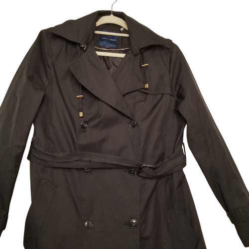 Cole Haan Women's Hooded Belted Double-Breasted Trench Coat Color Jet Black Sz L - Picture 2 of 14