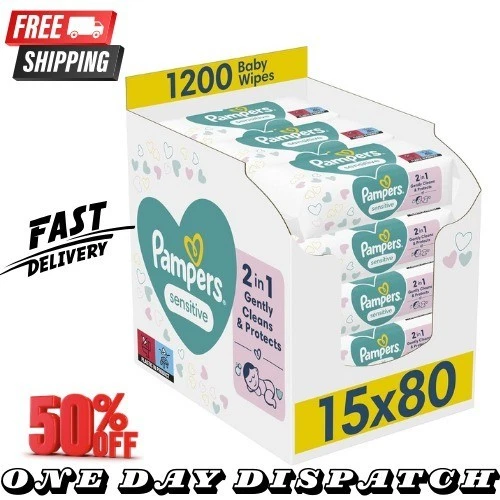 Pampers Sensitive Baby Wipes 15 Packs of 80=1200 Baby Wet Wipes Unscented
Opens in a new window or t