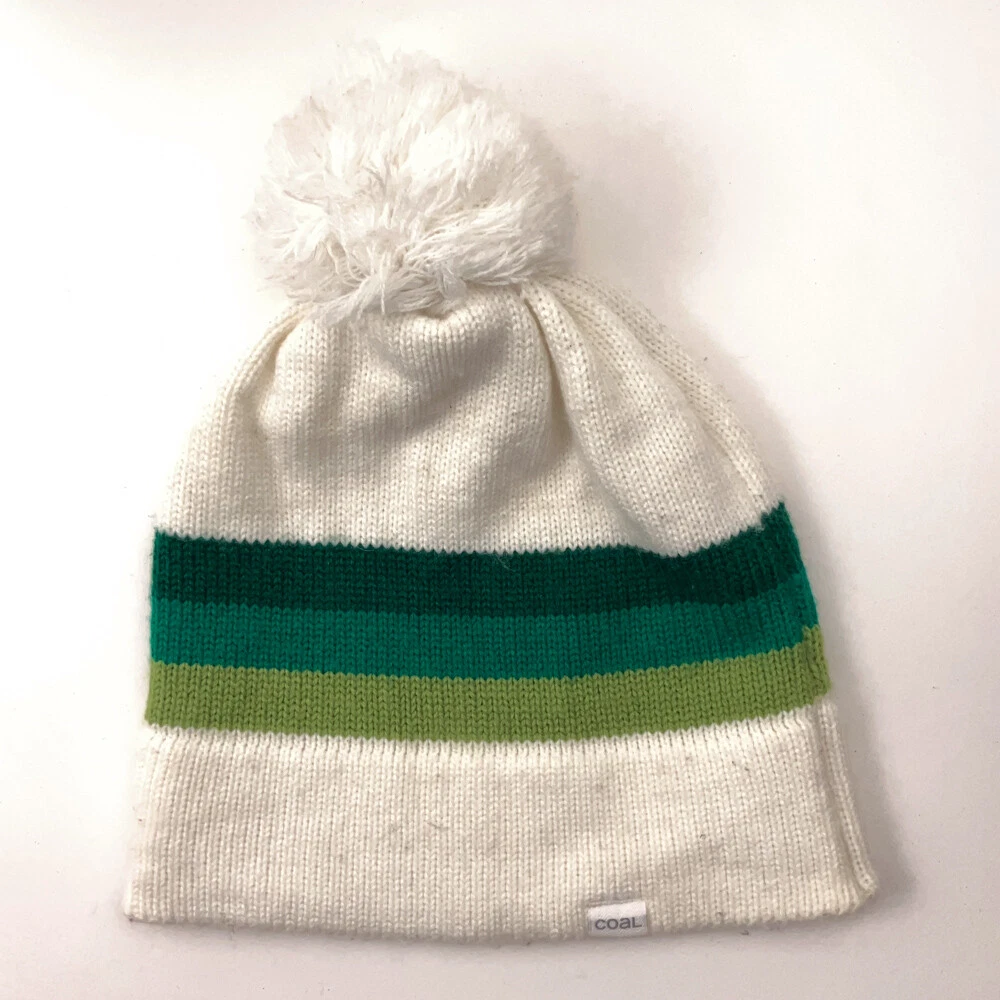 Coal Knit Off White Winter Pom Pom Hat Green Stripes