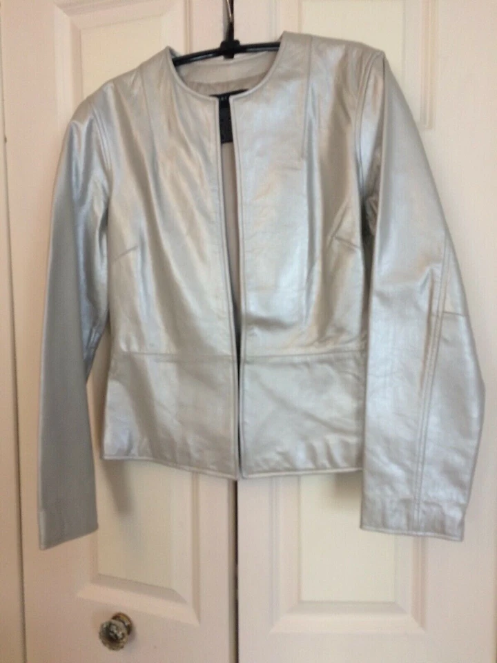"Chaqueta de cuero plateada Perry Ellis para mujer Pit-pit 18"" longitud 23""" Foto 4 de 4