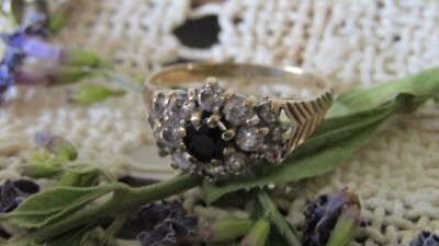 Sapphire-CZ Gold Ring 5.75, Estate Jewelry, Vintage Sapphire 9 Kt. Gold Ring