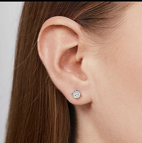 2 Ct Round Cut VVS1/D Lab Created Solid Stud Earrings 14k White Gold 7mm Push Bk - Picture 2 of 9