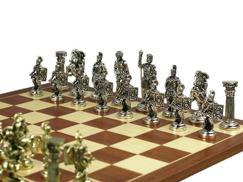 Chess Set Mahogany & Maple Board With Metal Chess Pieces 18" - Picture 2 of 7
