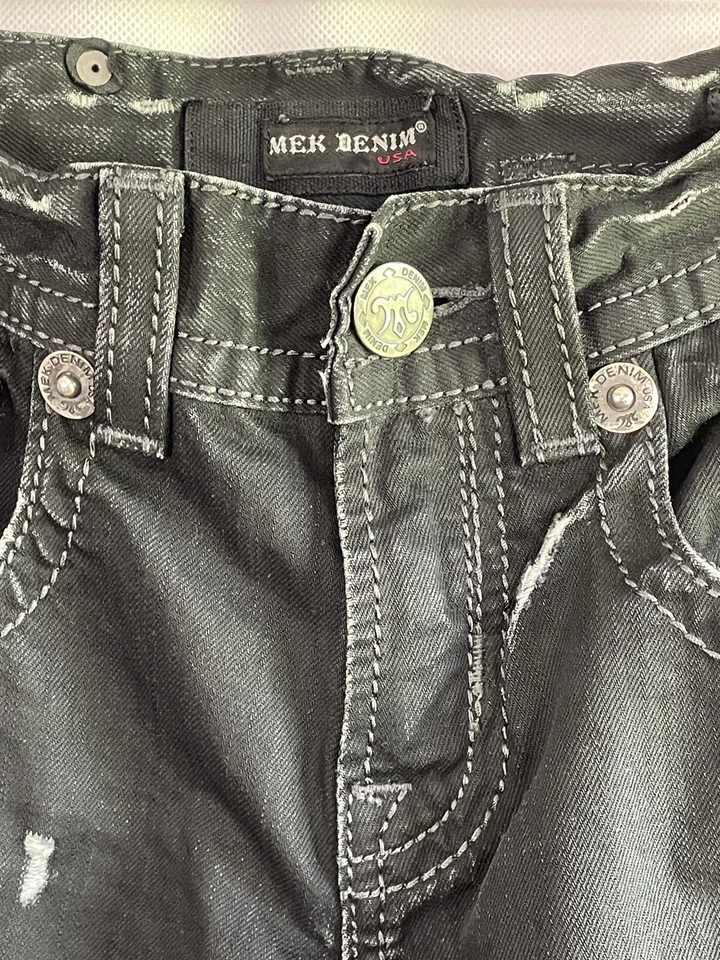 Jeans masculino vintage anos 90 Mek 29x34 preto desgastado destruído desbotado desgastado rasgado B2 - Imagem 4 de 4