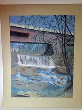 D. Minch Rare Vintage Original Chalk Drawing Rolling Weir and Covered Bridge