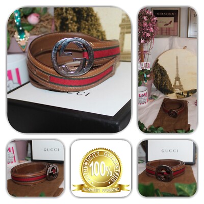 Gucci Brown GG Belt with Multicolor Stripes Gucci GG Marmont G Print WIDE Belt 75 30 Tan Leather Raffia  main image 2