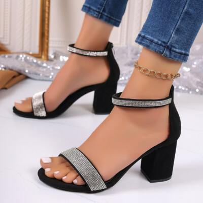 Women Open Toe Block Heel Rhinestone Ankle Strap Sandals