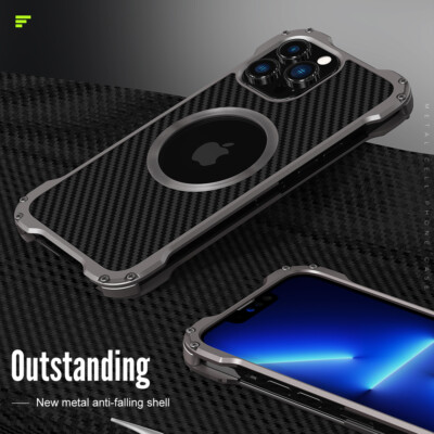 Carbon Fiber Metal Bumper Case Cover with Magnetic for iPhone 15 14 13 Pro Max