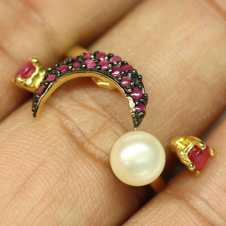 Piedra preciosa 6 mm. Anillo Joyería Perla Blanca y Rubí Rojo Plata 925 Oro 18K Talla 8.5 Foto 2 de 4