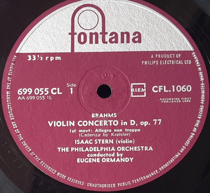 FONTANA 699 055 CL (CFL 1060) ED 1 UK 1960 BRAHMS VIOLIN CONCERTO STERN ORMANDY - Image 3 of 3