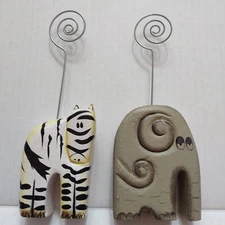 Pier 1 Imports Picture postcard holder wood  wire  lot 2 Elephant & Zebra 7 inch