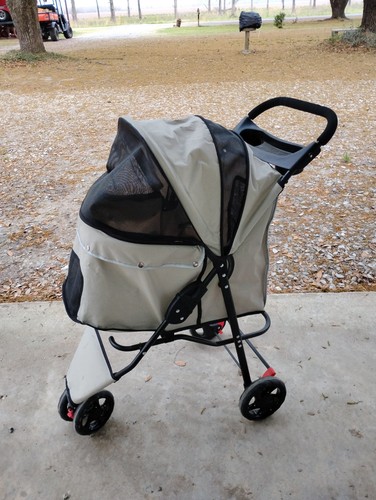 Beige Foldable 4-Wheel Pet Stroller for Dogs with Mesh Enclosure Pet Carrier