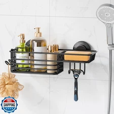 LEVERLOC Shower Caddy Suction Cup, Suction Caddy with Hooks and Soap Holder f