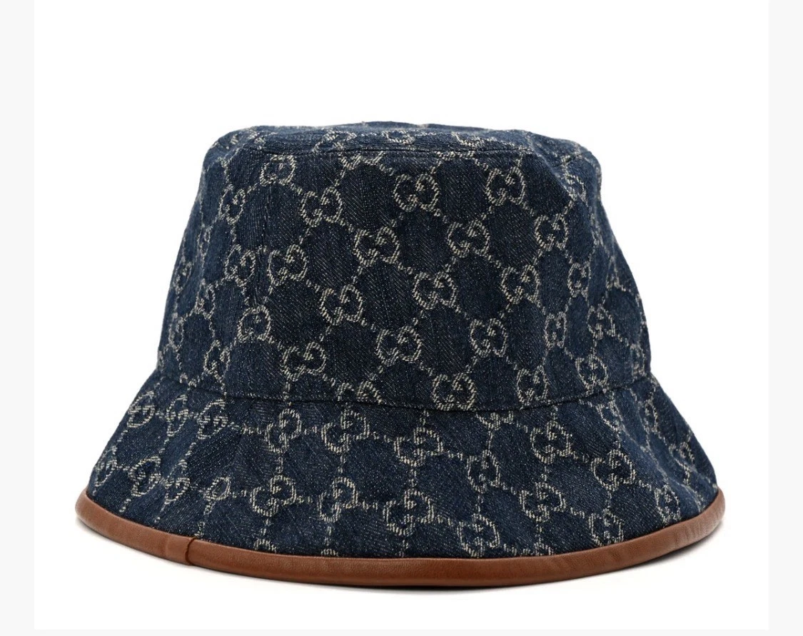 NEW Gucci GG Denim Bucket Hat Blue Monogram with Brown Leather Trim - Size L