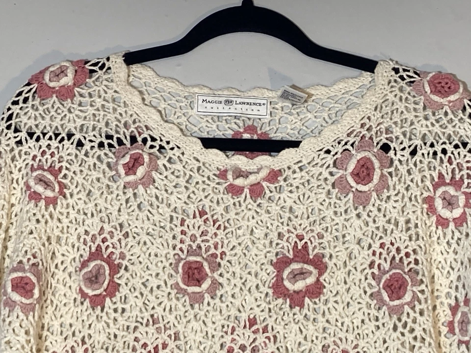 Винтажный Maggie Lawrence крючком туника свитер Sz S слоновой кости розовый 3D цветочный Cottagecore - Изображение 3 из 4