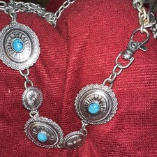 Concho Belt Silver Tone Chain Faux Turquoise Statement Hip Swag Southwestern M-L