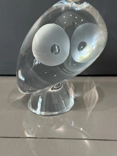 Vintage $1100 STEUBEN GLASS #8065 Perched Owl Figurine w/ Etched Eyes 5.5" Tall