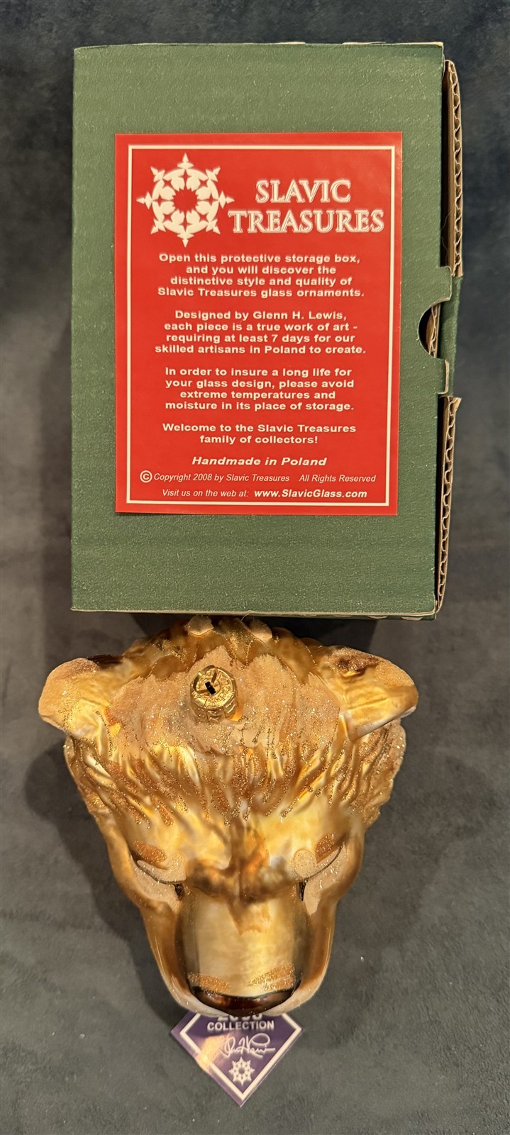 Slavic Treasures Large LION HEAD Glass Ornament Mint in Original Box 2008