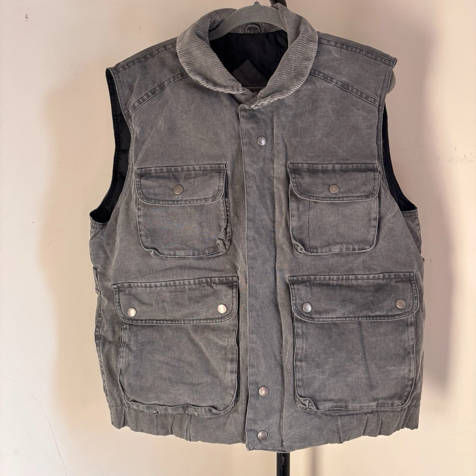 St. John's Bay Vtg Goose Down Cargo Vest Canvas Full Zip Gray Mens L Zip & Snap