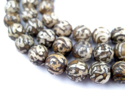 Patterned Bone Mantra Mala Beads 8mm Nepal Brown Round 36 Inch Strand