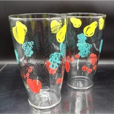 Set of XL Tumblers Fruit and Leaf Print Juice Smoothie Glasses Colorful Vintage