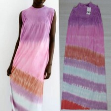 ZARA Women's S Tie Dye Viscose Blend Key Hole Neck Rounded Yoke Maxi Dress