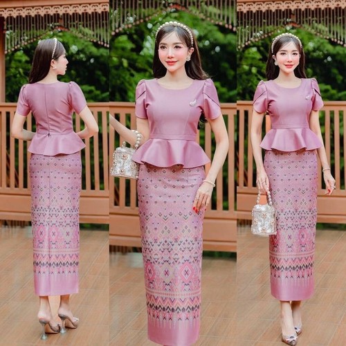 Thai Cotton Dress Traditional Women Skirt Blouse Fashion Printed Long Laos Asian - 第 10/20 張圖片