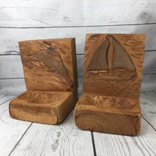 Wood Hand Carved Book Ends Pair Ship Dolphin Fish Folk Art Nautical Sea Beach 