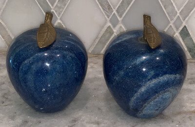 Pair 2 Blue Berry Apple Marble Brass Leaf Bookend Sculpture 3.5 T Andrea Sadek