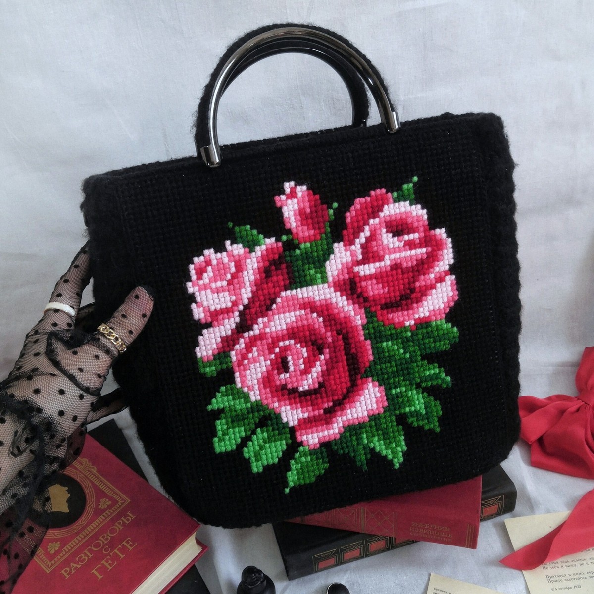 Unique Handmade crochet bag needlepoint cross stitch flowers